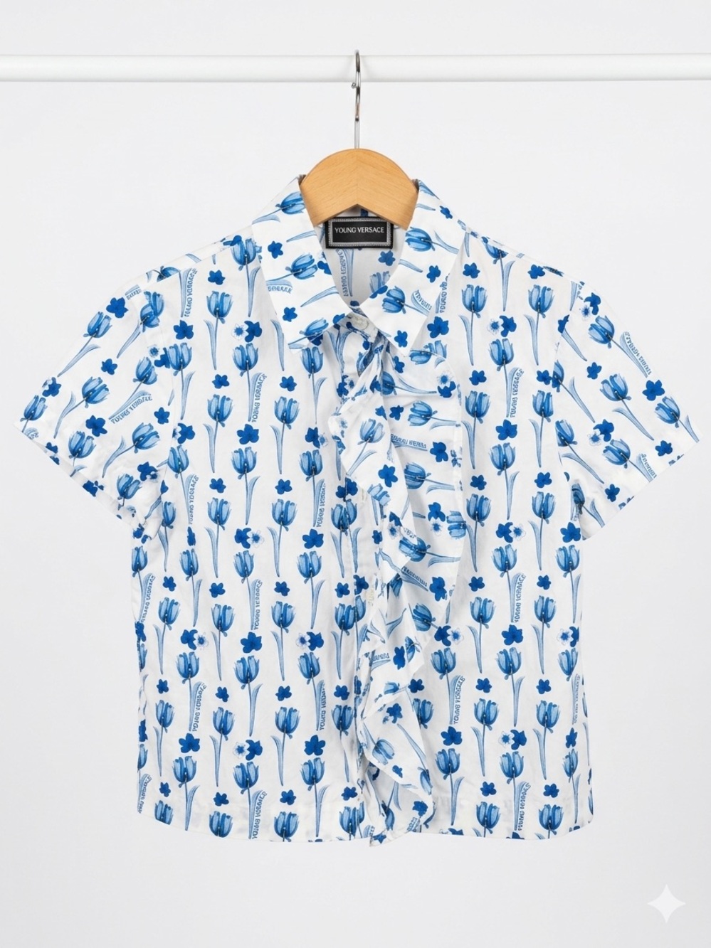 Versace White with Blue Floral Ruffle Short Sleeve Button-Down